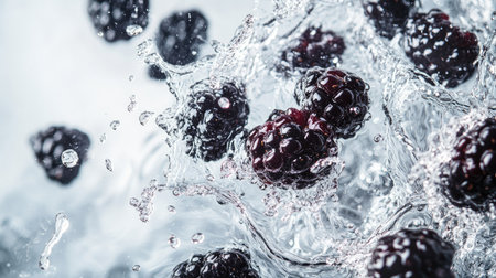 Juicy blackberries splashing in water, top view. Ample copy space on the right for brandingの素材