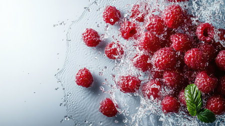 Fresh raspberries with splashes of water from above. Ample copy space on the left for brandingの素材