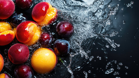 Top view of juicy peaches and plums splashing in water. Copy space available on the leftの素材