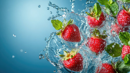 Strawberries and mint leaves splashing in water from above. Copy space on the right for textの素材