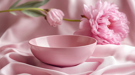 A pink bowl resting on a pink cloth with a pink flower in the background, showcasing a coordinated and stylish arrangement.の素材