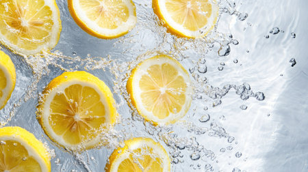 Top view of sliced lemons splashing in water. Ample copy space available for branding on the bottomの素材