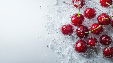 Fresh cherries being splashed with water, top view. Copy space on the left for your messageの素材