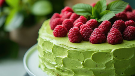 Close-up of a green cake garnished with raspberries, showcasing its unique color and delicious toppings.の素材