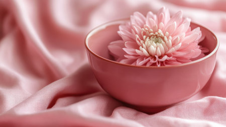 Close-up of a pink bowl on a pink cloth, with a pink flower providing a soft, complementary backdrop.の素材