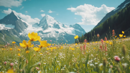 Scenic Alpine view with blooming meadows and snow-capped peaks. Copy space available for brandingの素材