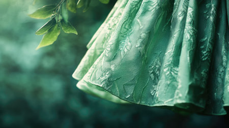 Fashionable green skirt with a subtle pattern hanging gracefully. Copy space on the left for added textの素材