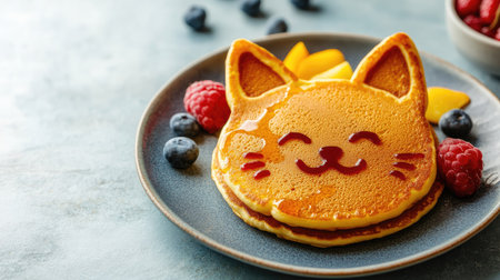 Creative pancake breakfast with a cat theme, decorated with fruit and syrup, for little onesの素材