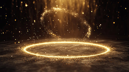 Glittering circle suspended in the air, showcasing a burst of shimmering light and sparkle.の素材