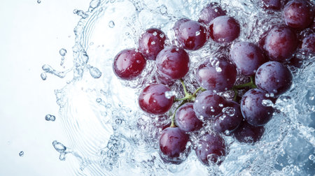 Grapes splashing in clear water from a top view. Copy space available for promotional textの素材