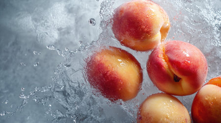 Fresh peaches with water splashes from above, with copy space available for branding on the leftの素材