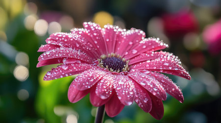 A vibrant pink flower with fresh dew drops on its petals, highlighting its natural elegance and morning freshness.の素材