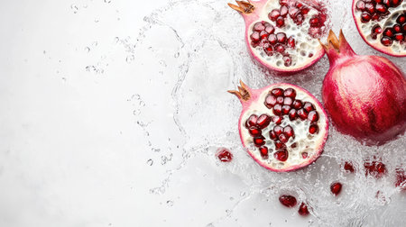 Top view of pomegranate with water splashes. Copy space at the bottom for promotional textの素材