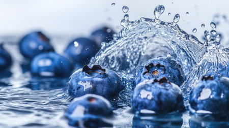 Fresh blueberries splashing in water. Copy space at the top for your branding or messageの素材