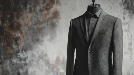 Chic gray blazer on a mannequin with a minimalist background. Copy space on the left for text or logosの素材
