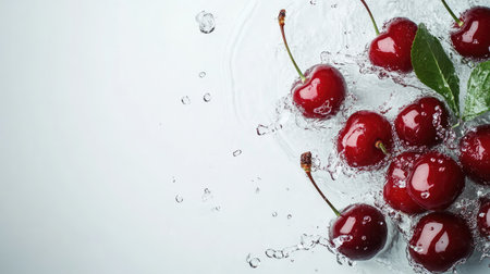 Fresh cherries being splashed with water, top view. Copy space on the left for your messageの素材