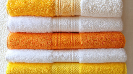 Stack of bath towels in bright colors such as yellow, orange, and white, arranged to highlight their plush texture.の素材