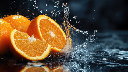 Freshly cut oranges with splashes of water, with copy space at the bottom for your message --ar 16:9の素材