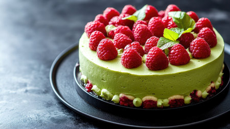 Green-colored cake adorned with juicy raspberries on top, offering a fresh and appealing dessert look.の素材