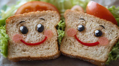Close-up of a playful sandwich with girl and boy faces, featuring clear space around for adding custom text or branding.の素材