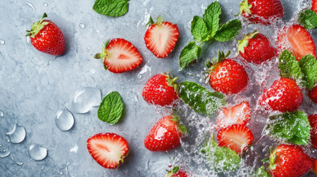 Juicy strawberries and mint leaves with water splashes from above, ample space on the rightの素材