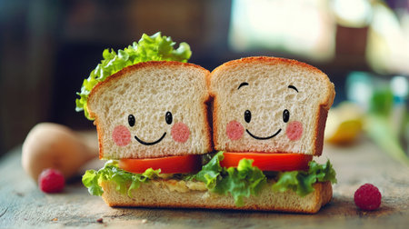 Creative close-up of a sandwich with faces of a girl and a boy, offering plenty of copy space for text or promotional content.の素材