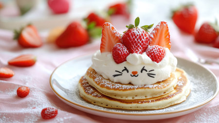 Cute cat pancake breakfast with strawberries and whipped cream, perfect for young childrenの素材