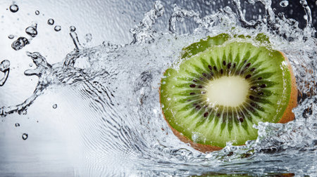 Fresh kiwi fruit splashing in water from above, with ample copy space at the bottomの素材