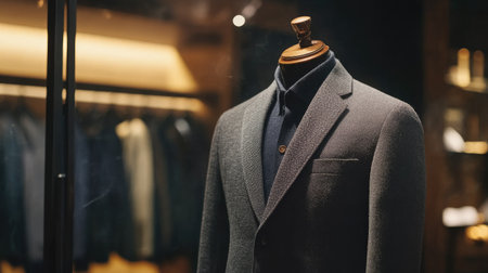 Chic gray blazer on a mannequin with a minimalist background. Copy space on the left for text or logosの素材