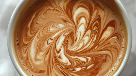 Artistic swirl design on the surface of a cup of coffee, emphasizing the creamy texture and inviting aroma.の素材