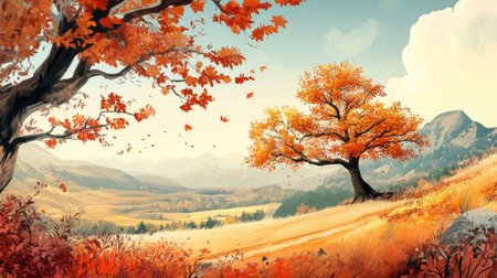 Picturesque autumn landscape with vibrant orange tree foliage. Ideal for adding text or brandingの素材