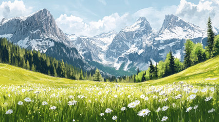 Alpine spring landscape with lush meadows and towering mountains. Ideal for adding text or brandingの素材