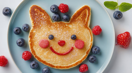 Fun breakfast plate: pancakes shaped like a smiling cat with berry toppings, great for toddlersの素材