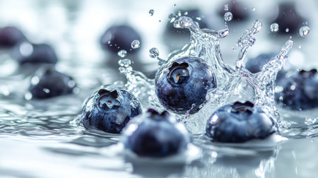 Fresh blueberries splashing in water. Copy space at the top for your branding or messageの素材
