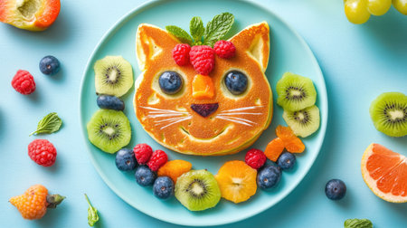 Fun and vibrant pancake cat with fresh fruit toppings, designed for young childrenの素材