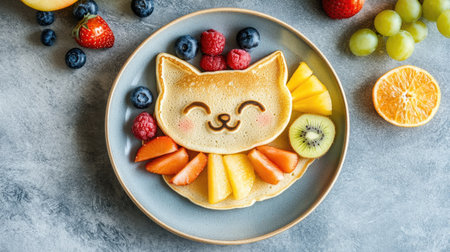Playful cat-shaped pancakes with a variety of fruit toppings, top view ideal for kids' mealsの素材