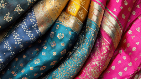 Top view of colorful silk fabric with traditional Indian embroidery and decorative accentsの素材
