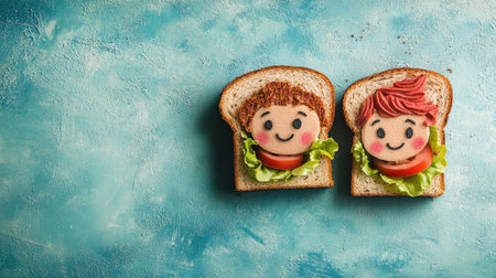 Detailed shot of a sandwich with a girl and boy faces, surrounded by copy space for text or advertising purposes.の素材