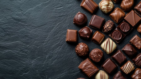 Top view of assorted chocolates on a dark background with ample space for textの素材