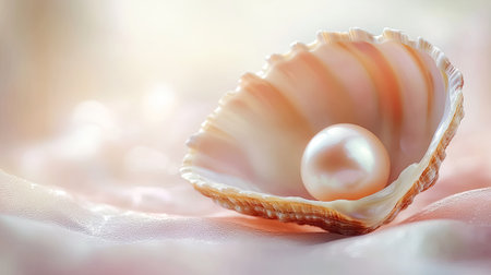 Close-up of an open shell revealing a lustrous pearl nestled inside, set against a soft, elegant background.の素材