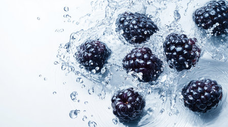 Juicy blackberries splashing in water from a top view. Copy space available on the rightの素材