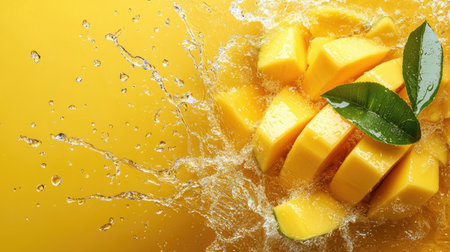 Juicy mango chunks with water splashes from a top view. Copy space on the right for brandingの素材
