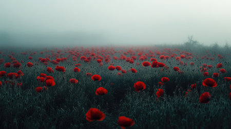 Enchanting red poppy field enveloped in gentle morning mist. Copy space available for text or brandingの素材