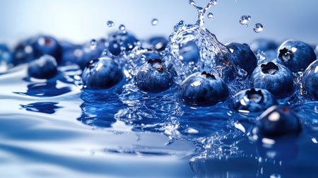 Fresh blueberries splashing in water, ample space on the bottom for your messageの素材