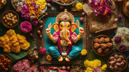 Top view of vibrant Ganesh Chaturthi decorations with flowers and sweetsの素材