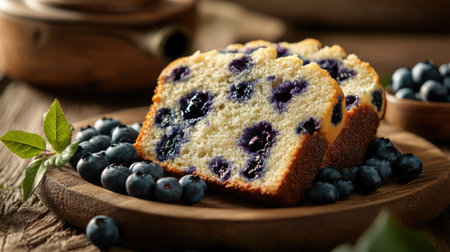 A fresh slice of blueberry bread adorned with blueberries, offering a mouthwatering treat in an inviting setupの素材