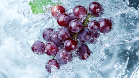 Grapes splashing in clear water from a top view. Copy space available for promotional textの素材