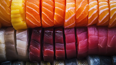 Freshly stacked fish in different colors, with salmon and tuna prominently featured, showcasing their rich, appetizing hues.の素材