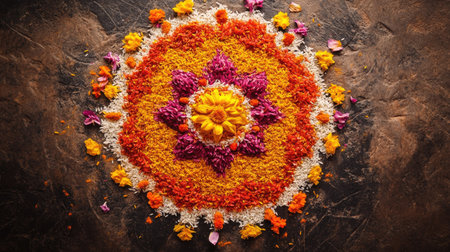 Top view of a vibrant rangoli design made with colorful rice grains and flower petalsの素材
