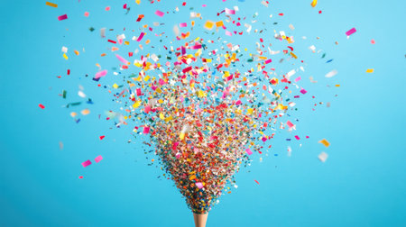 Top view of a party popper explosion, with confetti flying out and plenty of space for copy or designの素材